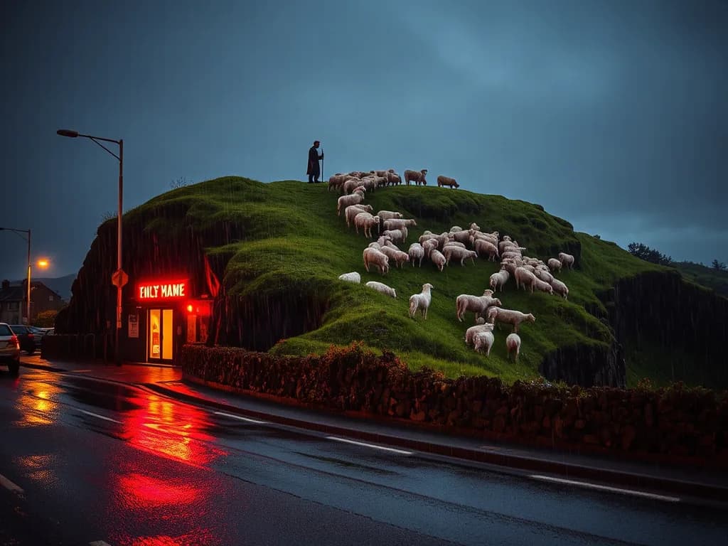 a shepherd and a thousand sheep on a green cliff, Ireland, night street photography, neon, rain, grain, no text, no watermark, generated with Rundiffusion Juggernaut Flux on Knowlify
