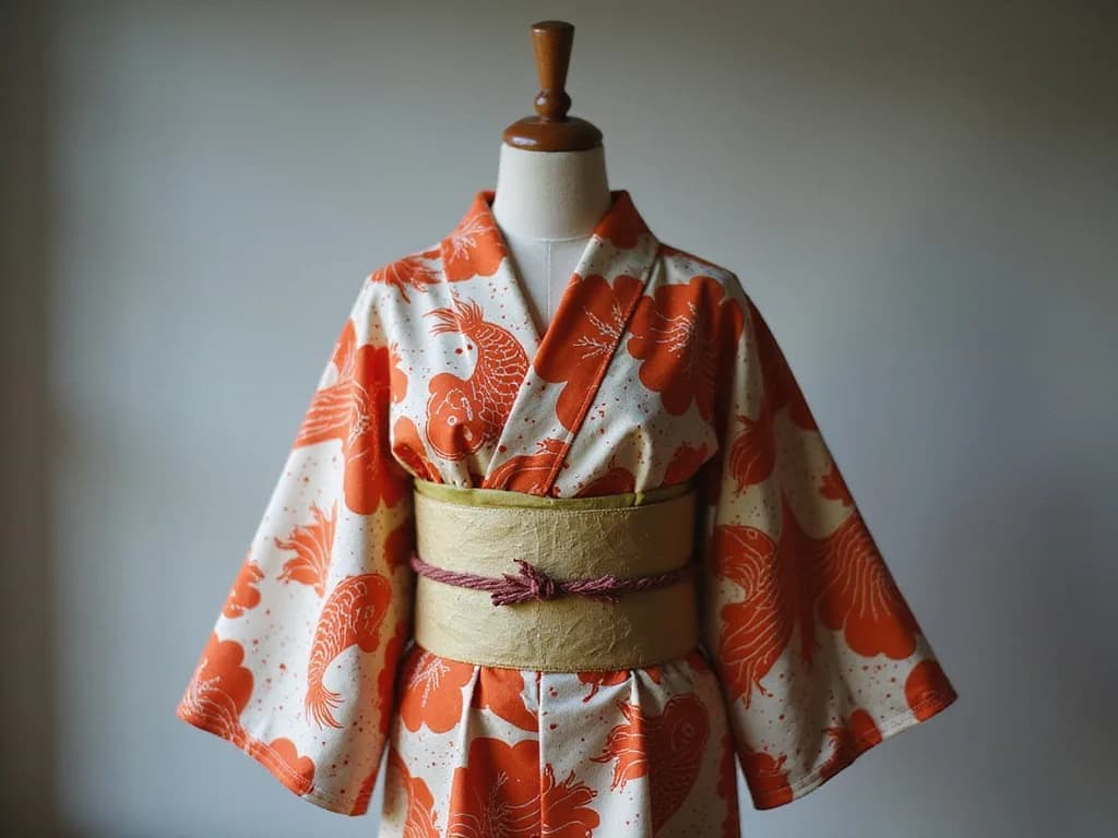 a koi-pattern kimono on a dress form, wind moving the silk, photoreal photograph, 85mm, natural light, no text, no watermark, no logo, no UI, generated with Rundiffusion Photo Flux on Knowlify