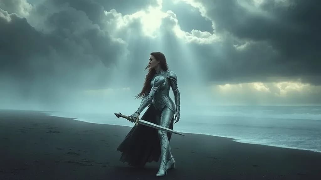 a woman in silver armor on a black sand beach, storm coming, painterly concept art, volumetric light, no text, no watermark, no UI, illustrative preview for the Sam3 generator on Knowlify