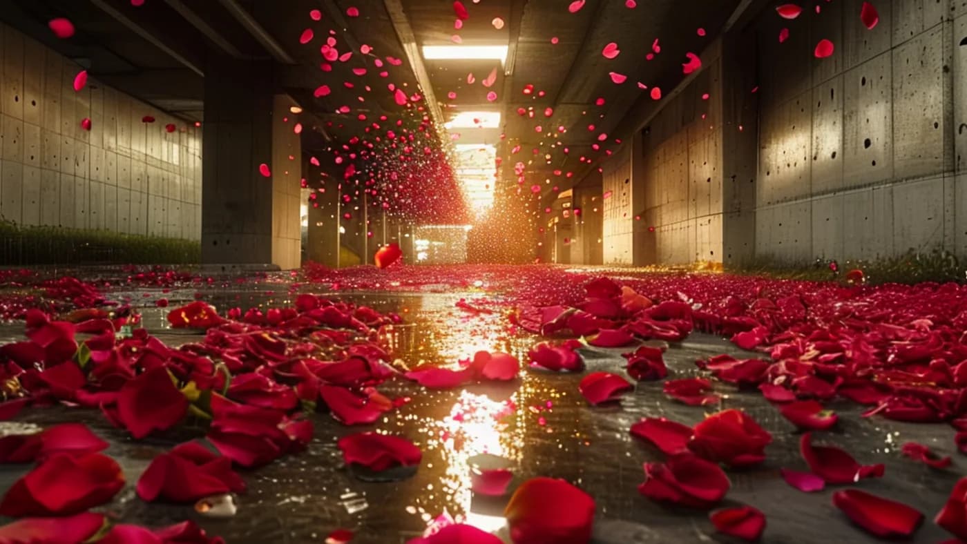a rain of rose petals in a concrete underpass, flash, IMAX aerial still, golden hour, huge scale, no text, no watermark, generated with Sana on Knowlify