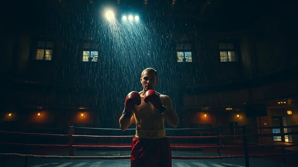 a boxer in a ruined theater, one spotlight, sweat, night street photography, neon, rain, grain, no text, no watermark, illustrative preview for the Sd Loras generator on Knowlify