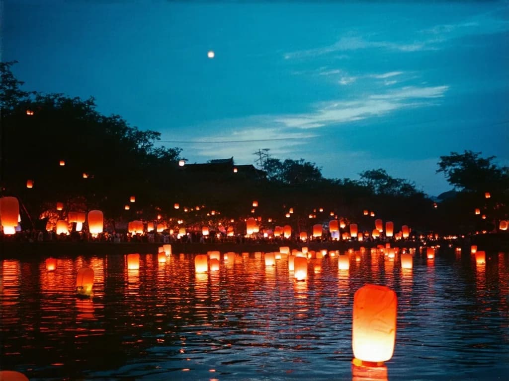 a red paper lantern festival on a river, reflections, night, hard-flash editorial, Kodak portra, sharp, no text, no watermark, no logo, generated with Sd35 Large on Knowlify