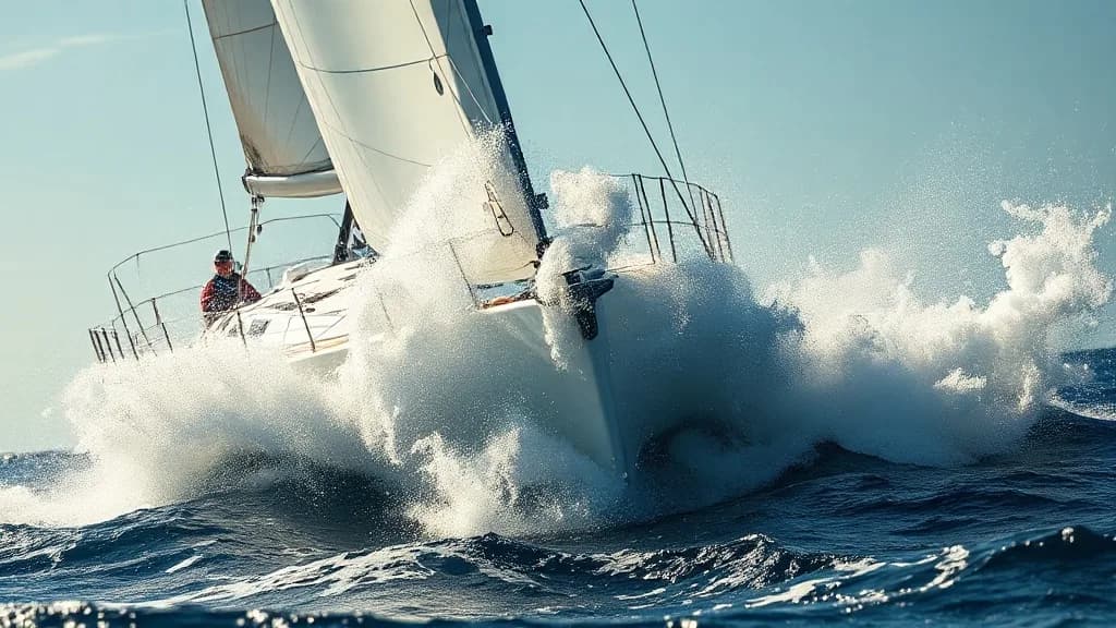 a sailboat heeling hard in bright wind, spray, Mediterranean coast, macro, extreme detail, f/1.4, no text, no watermark, no logo, illustrative preview for the Sdxl Controlnet Union generator on Knowlify