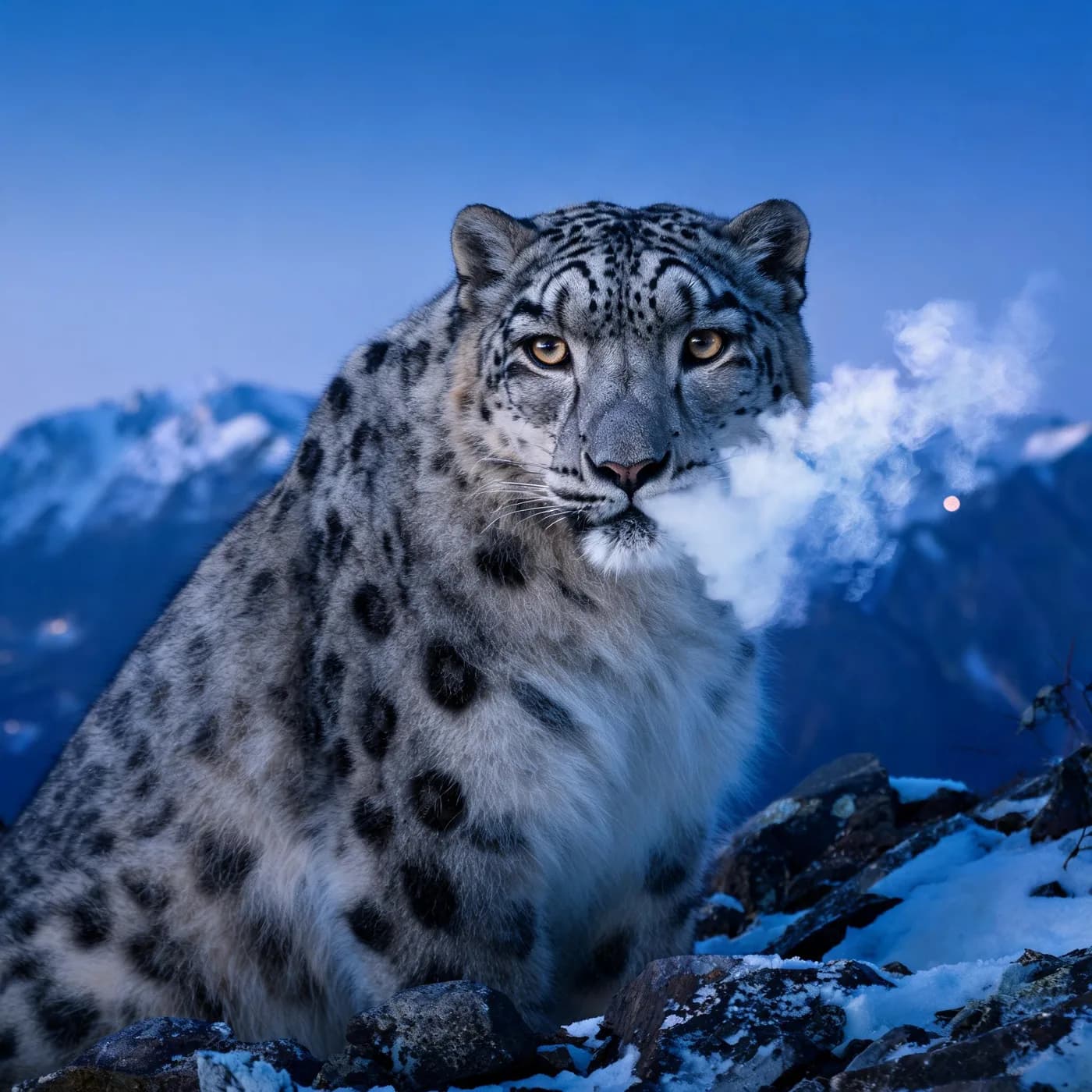 a snow leopard on a ridge at blue hour, breath visible, macro, extreme detail, f/1.4, no text, no watermark, no logo, generated with Seedream 5.0 on Knowlify