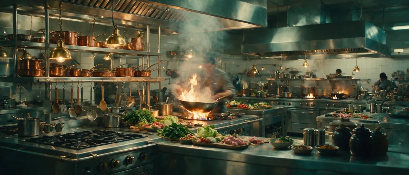 a steel kitchen at service, flames, a chef in motion, fashion film still, anamorphic, teal and gold, no text, no watermark, generated with Seedream 5 on Knowlify