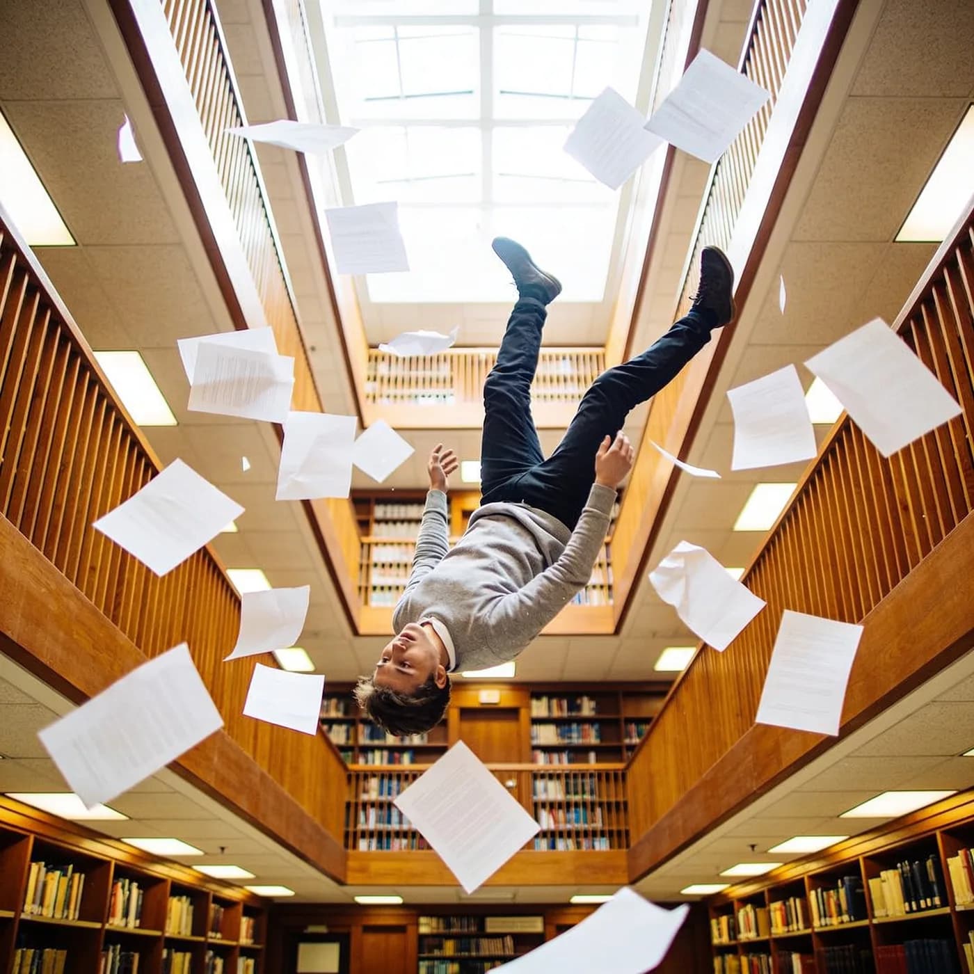 a library atrium, a person falling through paper, freeze, hard-flash editorial, Kodak portra, sharp, no text, no watermark, no logo, generated with Seedream45 on Knowlify