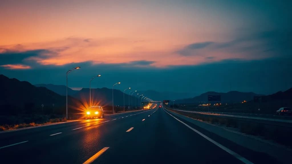 a desert highway at twilight, one pair of headlights, huge sky, night street photography, neon, rain, grain, no text, no watermark, illustrative preview for the SeedVR2 generator on Knowlify