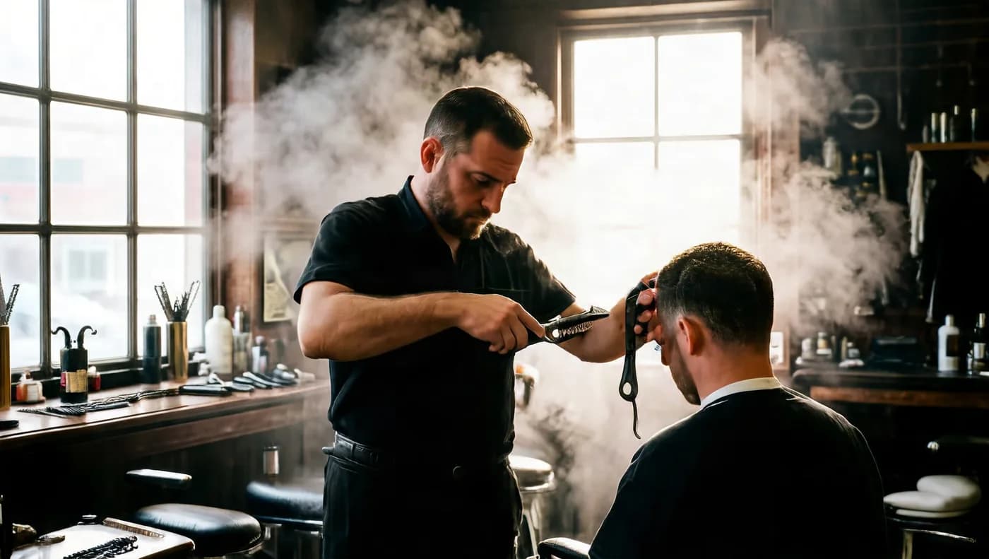 a barber cutting hair in a steam-filled shop, hard window light, photoreal photograph, 85mm, natural light, no text, no watermark, no logo, no UI, generated with Sensenova U1 Infographic on Knowlify