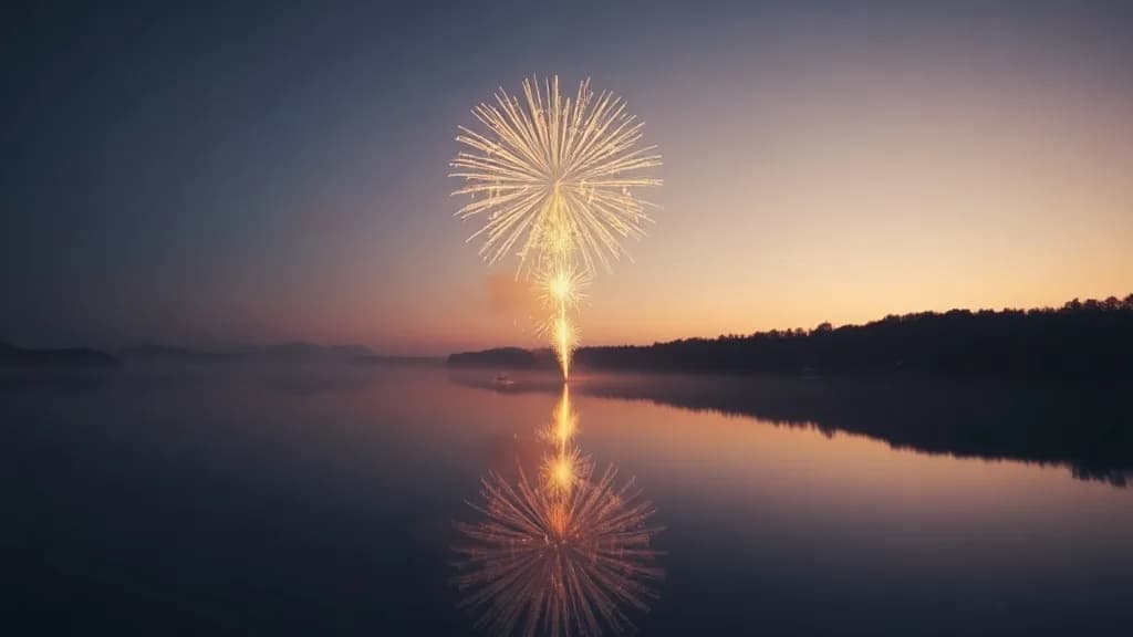 a fireworks burst over a silent lake, reflection perfect, IMAX aerial still, golden hour, huge scale, no text, no watermark, illustrative preview for the Smart Resize generator on Knowlify