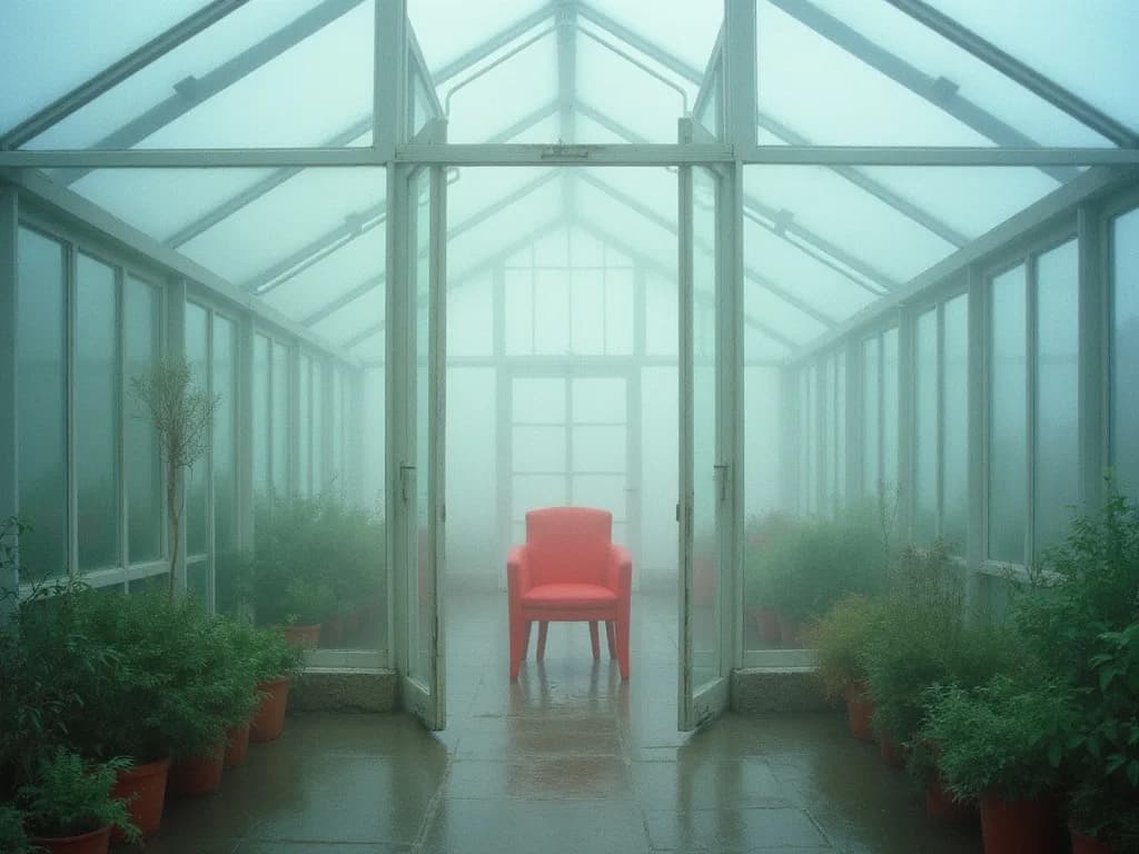 a glasshouse filled with fog and one red chair, hard-flash editorial, Kodak portra, sharp, no text, no watermark, no logo, generated with Srpo Models Og on Knowlify