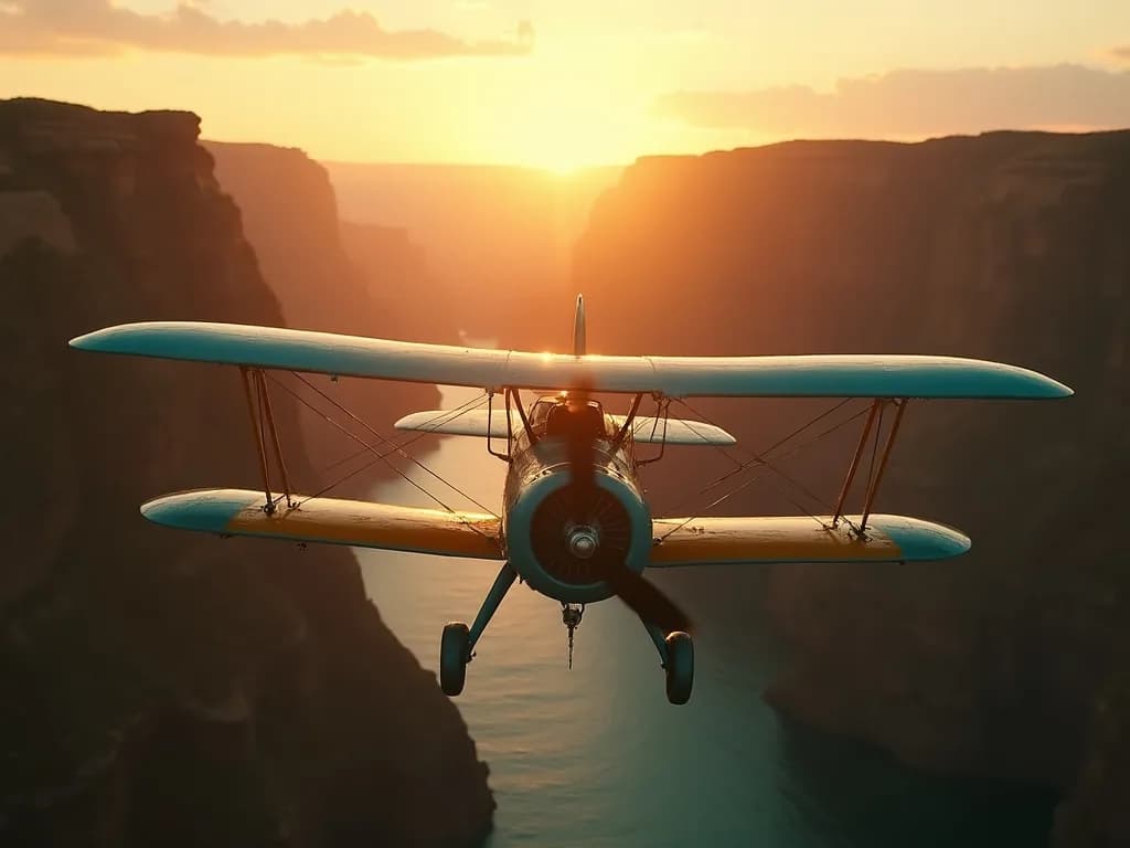 a biplane flying through a canyon at sunrise, wingtip close, fashion film still, anamorphic, teal and gold, no text, no watermark, generated with Srpo Models on Knowlify