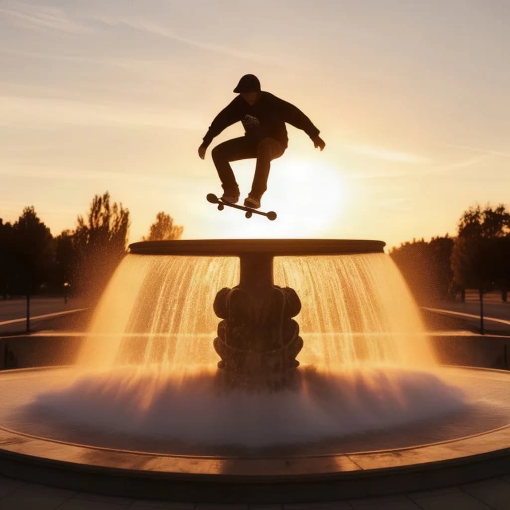 a skateboarder mid-kickflip over a fountain, golden hour, IMAX aerial still, golden hour, huge scale, no text, no watermark, generated with Stable Cascade on Knowlify