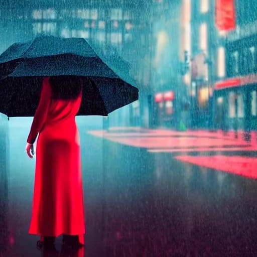 a woman in a crimson silk dress standing in city rain at night, neon on wet pavement, dark studio product, one hard key, glossy, no text, no watermark, generated with Stable Diffusion 15 on Knowlify