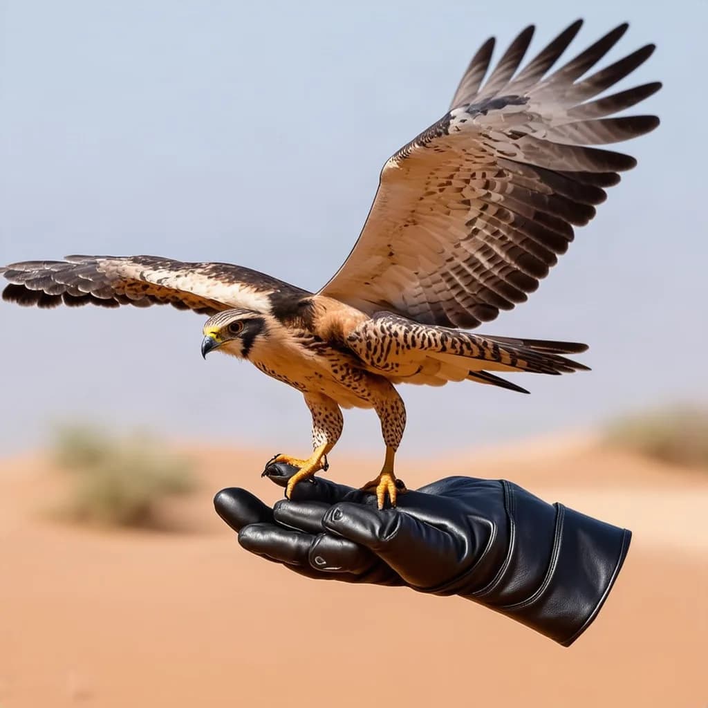 a falcon landing on a leather glove, wings wide, desert, National Geographic still, low angle, weather, no text, no watermark, generated with Stable Diffusion 3 Medium on Knowlify