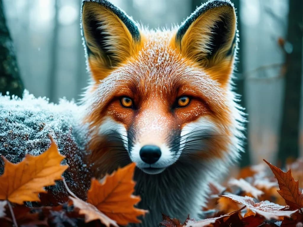 a fox in frost-covered autumn leaves, shallow focus, fashion film still, anamorphic, teal and gold, no text, no watermark, generated with Stable Diffusion 35 Medium on Knowlify