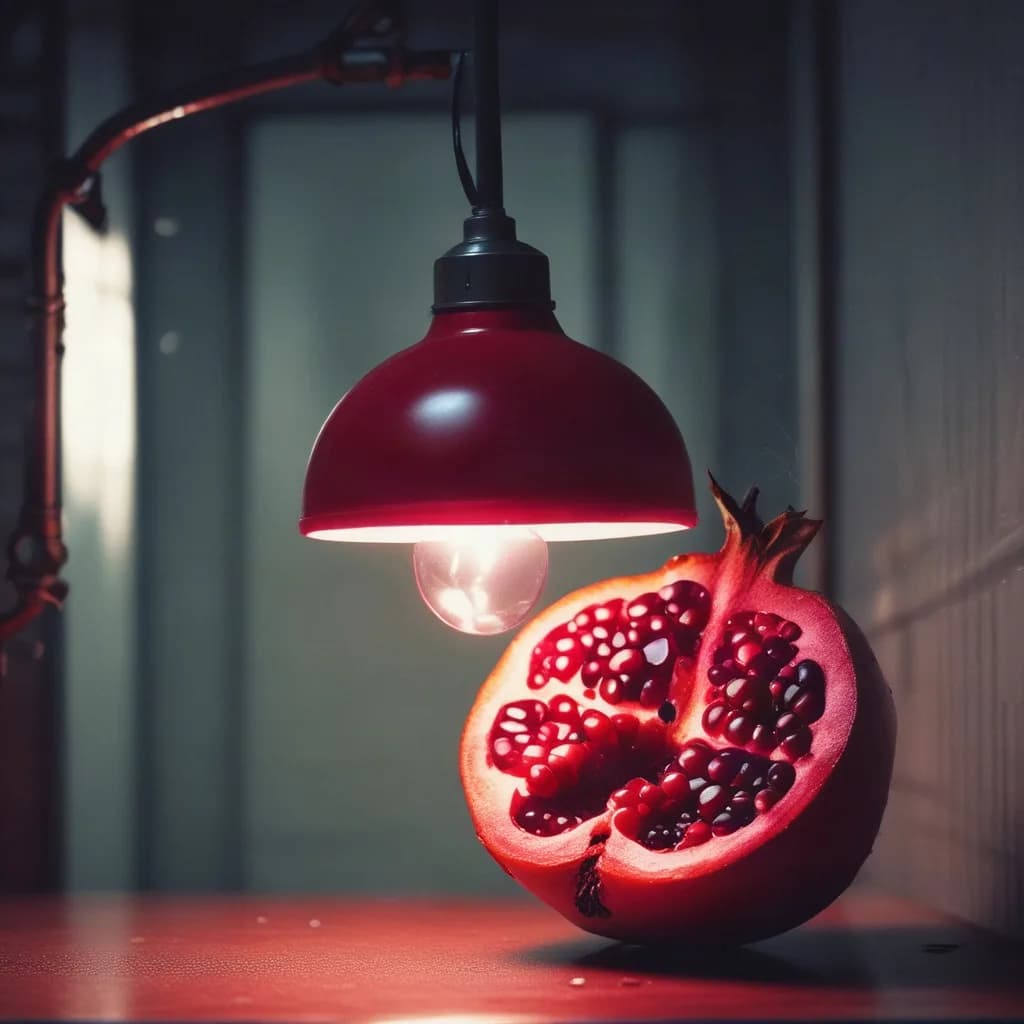 a surgical lamp over an open pomegranate, editorial still, night street photography, neon, rain, grain, no text, no watermark, generated with Stable Diffusion Xl Lightning on Knowlify