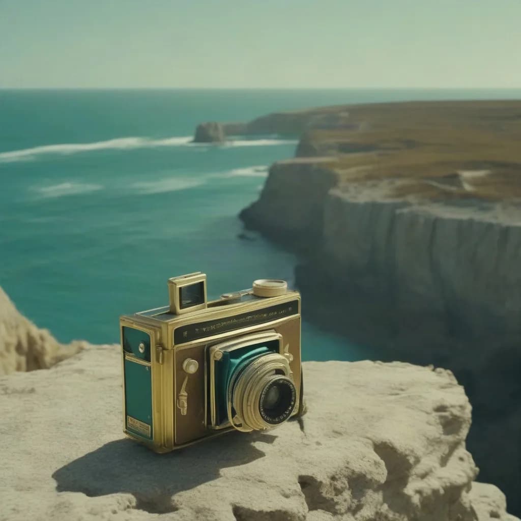 a vintage camera on a cliff, the ocean far below, product still, fashion film still, anamorphic, teal and gold, no text, no watermark, generated with Stable Diffusion Xl on Knowlify