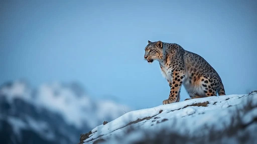 a snow leopard on a ridge at blue hour, breath visible, macro, extreme detail, f/1.4, no text, no watermark, no logo, illustrative preview for the Tripo H3.1 generator on Knowlify