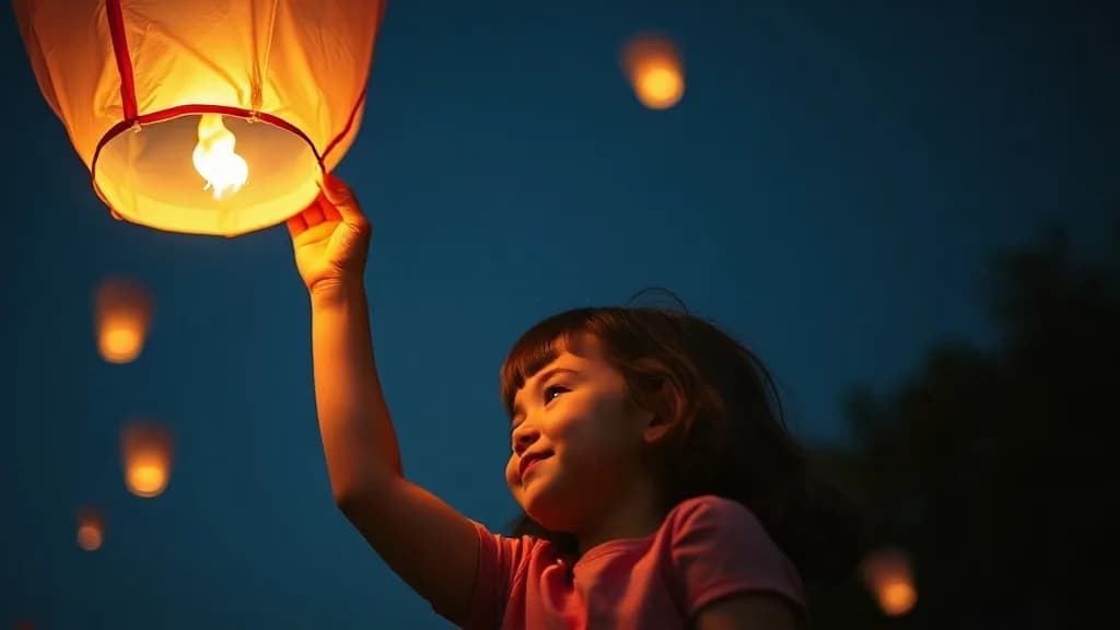 a little girl releasing a sky lantern, faces lit from below, hard-flash editorial, Kodak portra, sharp, no text, no watermark, no logo, illustrative preview for the Tripo P1 generator on Knowlify