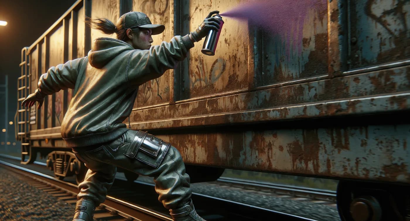 a graffiti writer mid-piece on a moving freight car, octane 3D render, subsurface, chrome accents, no text, no watermark, generated with Uni 1 on Knowlify