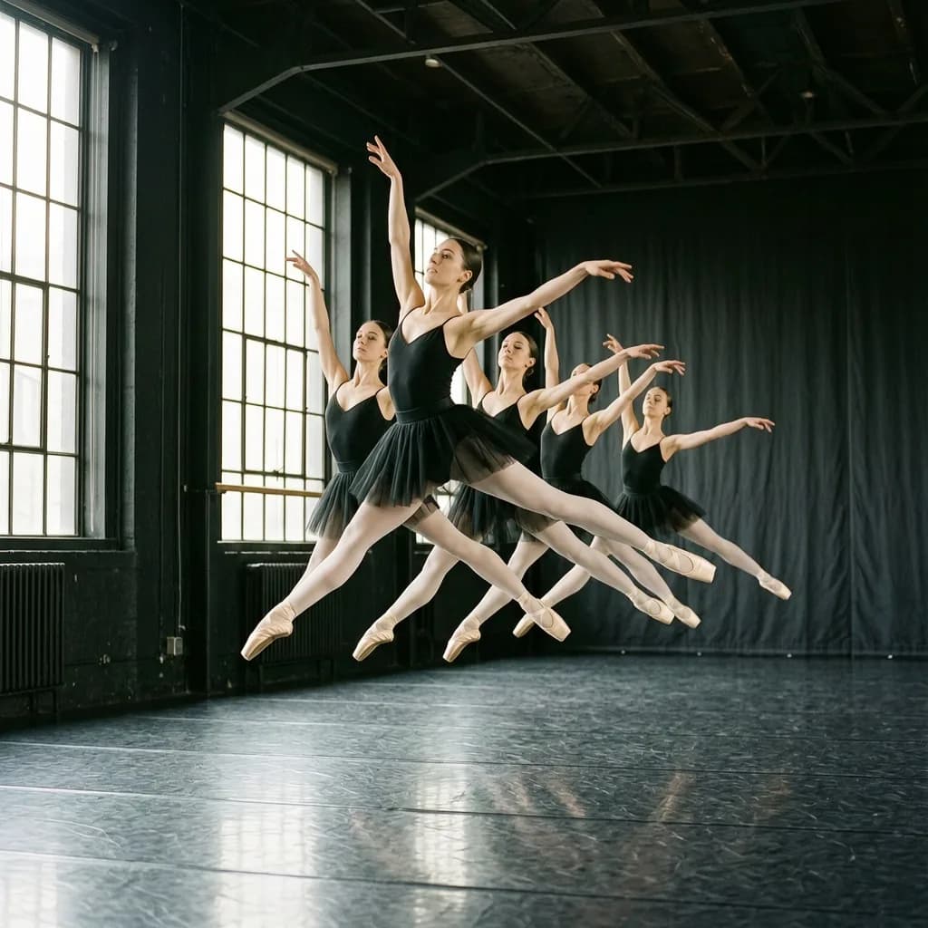 a ballet company frozen mid-jump, black box theater, photoreal photograph, 85mm, natural light, no text, no watermark, no logo, no UI, generated with Wan 27 on Knowlify