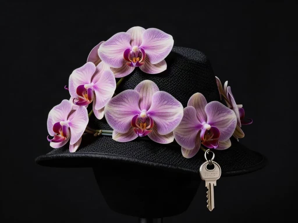 a couture hat made of living orchids, studio portrait, dark studio product, one hard key, glossy, no text, no watermark, generated with Z Image on Knowlify